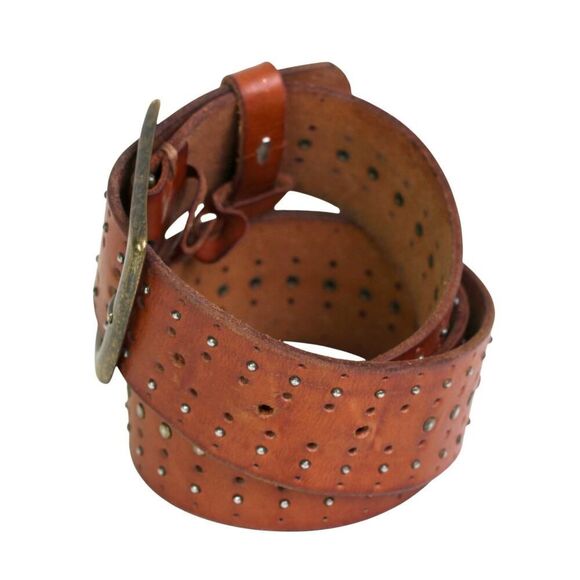 PERFORATED BROWN REAL LEATHER 1 5/8"Wd STUDS CASUAL DRESS WOMEN'S BELT Sz S (F34 - Picture 3 of 12